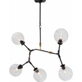 Atom Pendant Lamp in Matte Black & Brass w/ 5 Round Clear Glass Shades